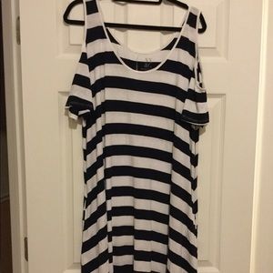 Navy and White Cold Shoulder Swing Dress
